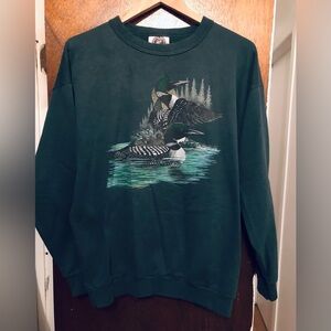 Vintage Canada North Teal Green Sweater with Loon Print